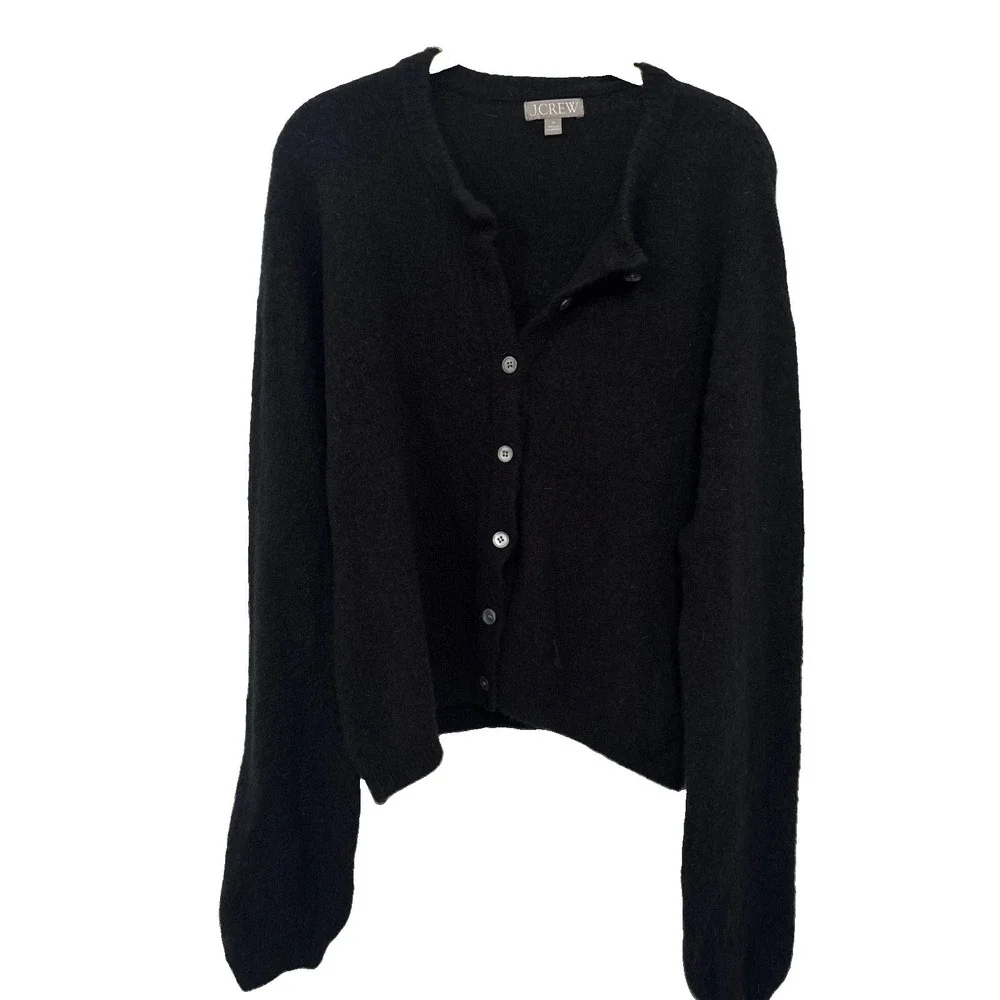 J Crew Womens Cardigan Sweater Wool Blend Cropped Button Front Sz M Black Soft